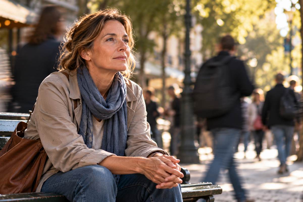 Ansia e respiro — Fermarsi nella quotidianità Donna seduta su una panchina con le mani intrecciate, mentre i passanti attraversano la strada.