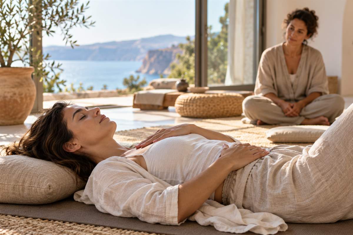 Ascoltare il corpo attraverso il respiro Donna sdraiata con le mani sul torace e sull’addome, mentre un’accompagnatrice siede accanto a lei.