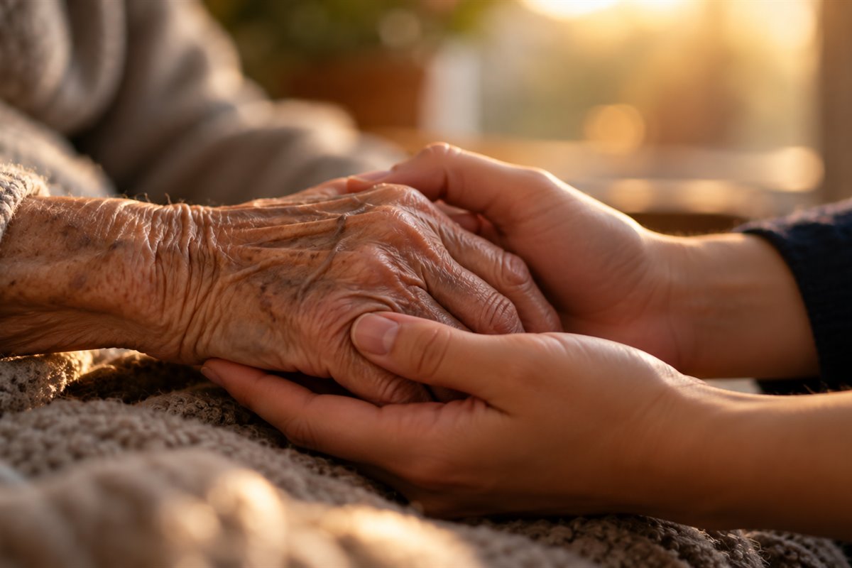 Il bisogno di contatto — Vicinanza tra generazioni Mani di una persona anziana accolte e sostenute dalle mani di una persona più giovane.