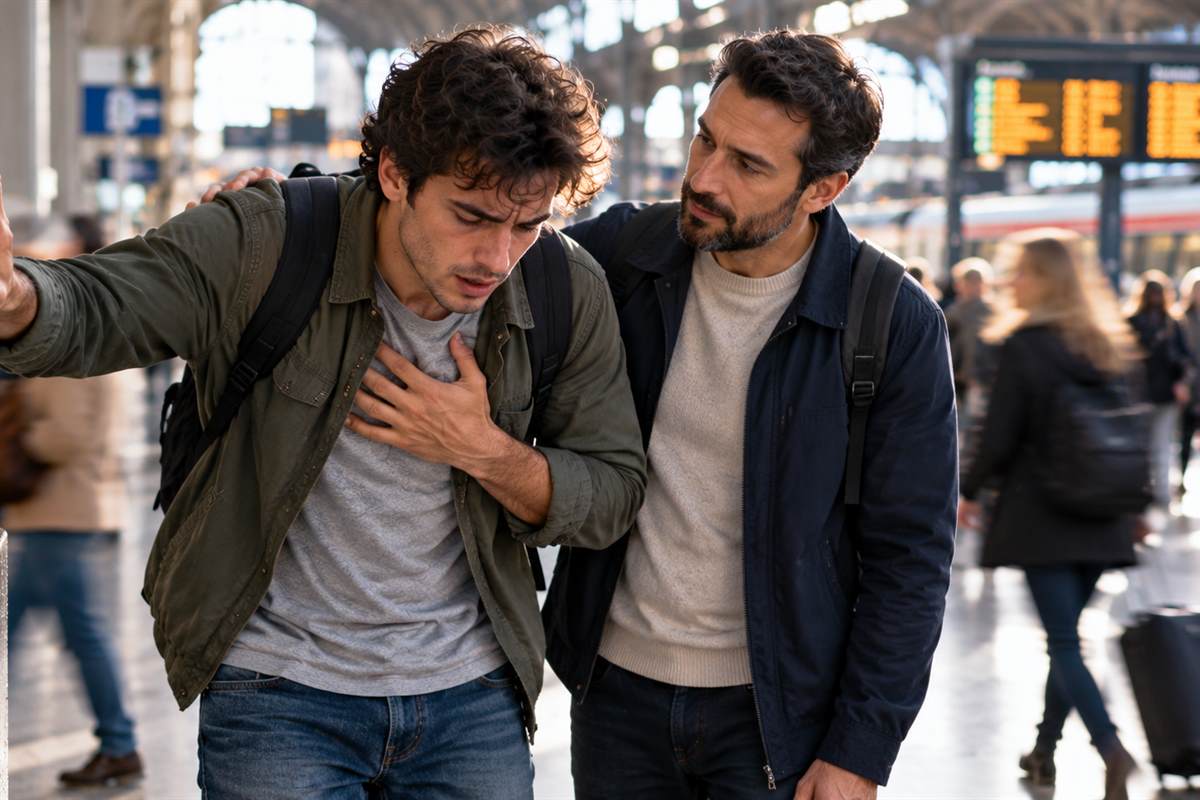Panico e respirazione — I segnali del corpo Giovane appoggiato a una colonna della stazione con una mano sul petto, affiancato da un’altra persona.
