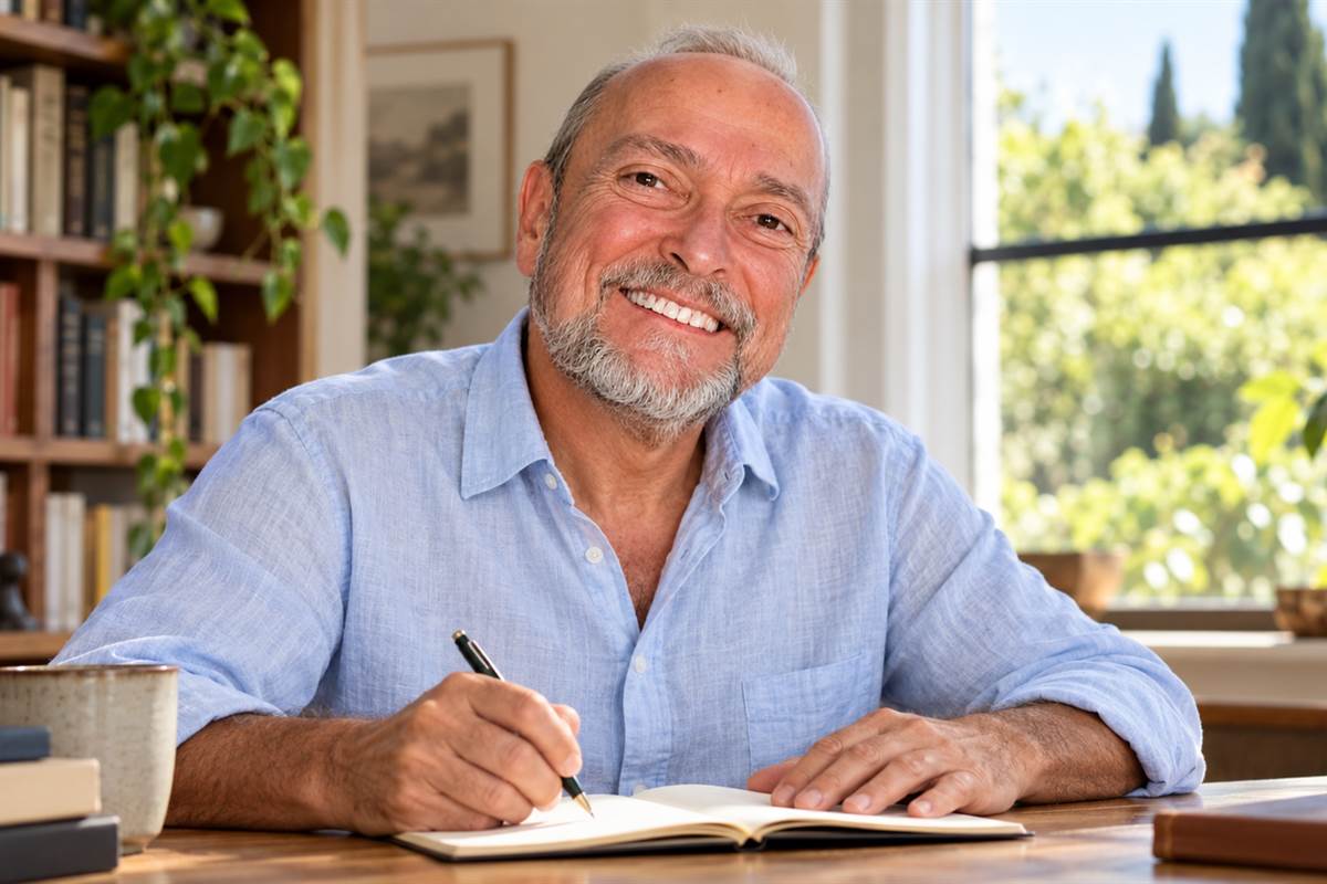Paolo Cericola — La ricerca sul Respiro Originario® Paolo Cericola seduto alla scrivania con una penna e un quaderno aperto, in uno studio luminoso.
