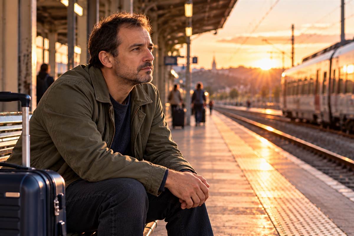 La paura della paura — L’ansia anticipatoria Uomo seduto su una panchina della stazione, con una valigia accanto e lo sguardo verso il treno.