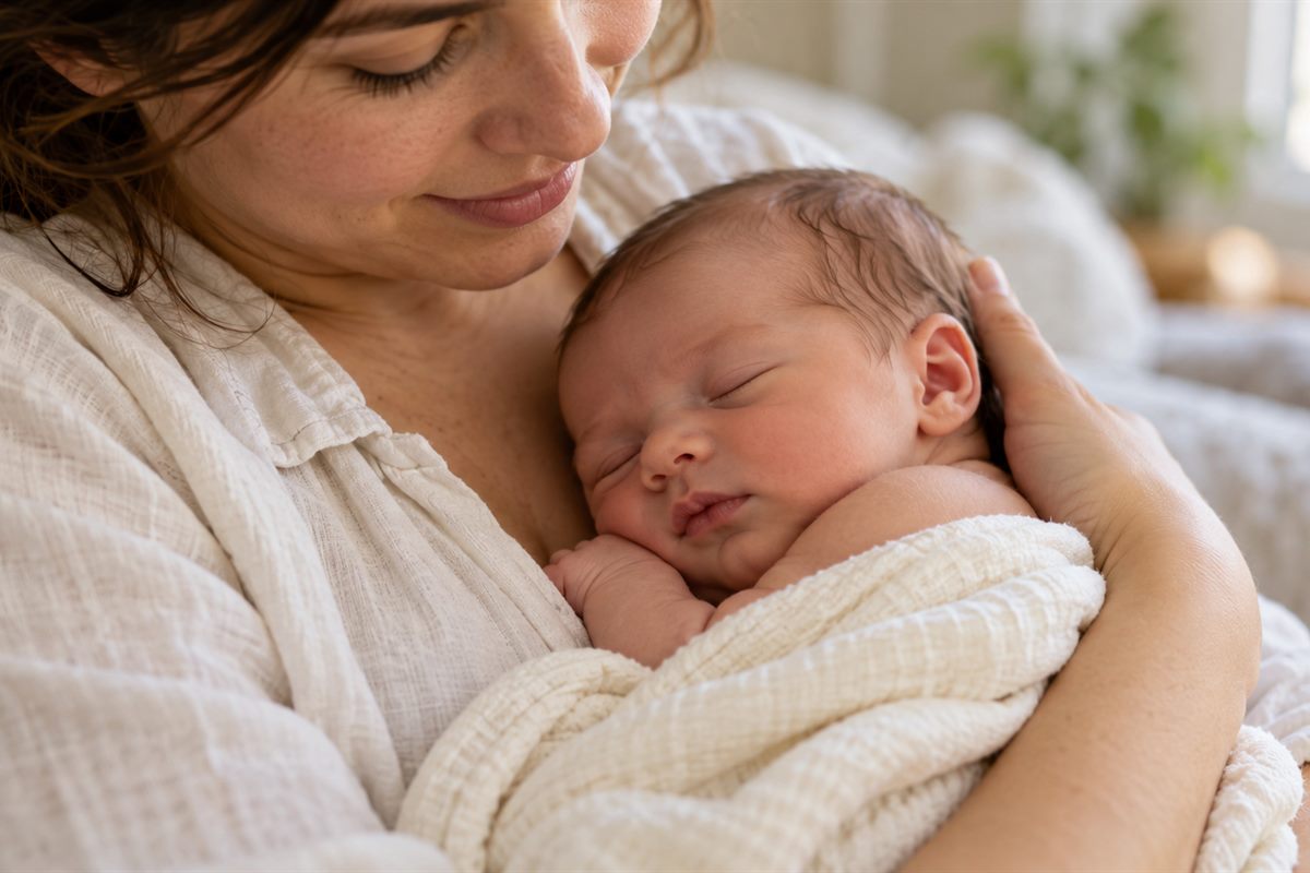 Il primo respiro — Nascita e accoglienza Neonato addormentato tra le braccia della madre, avvolto in una copertina chiara con il viso scoperto.