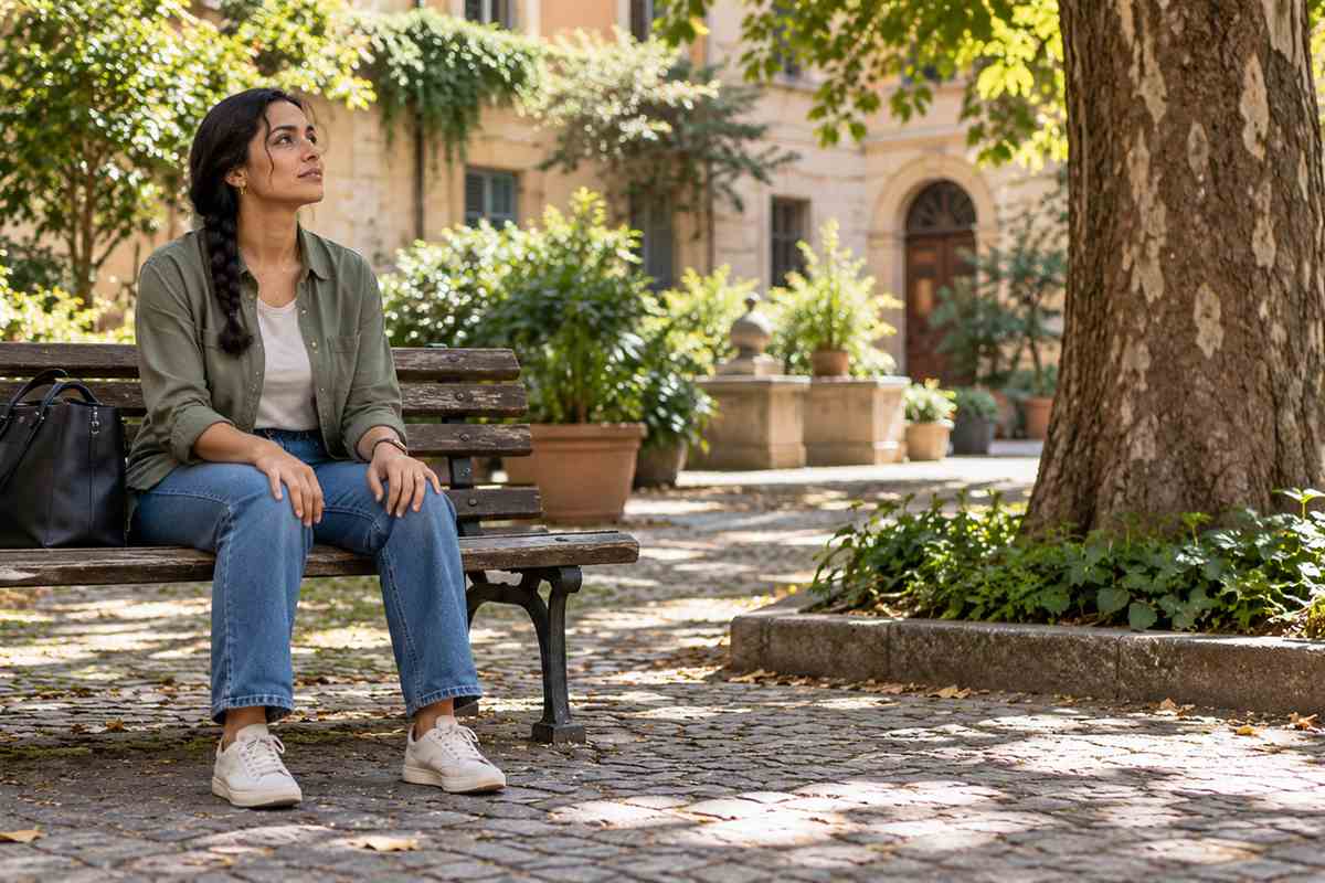Donna seduta su una panchina in un cortile alberato, con le mani sulle cosce e i piedi a terra.