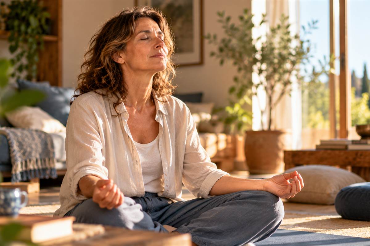 Respiro e meditazione — Coltivare la presenza Donna seduta a gambe incrociate su un tappetino, con gli occhi chiusi, in un soggiorno luminoso.