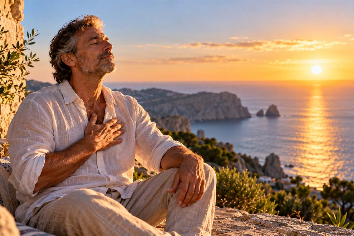 Uomo seduto su una terrazza sul mare al tramonto, con gli occhi chiusi e una mano appoggiata sul petto.