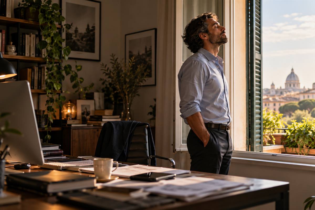 Respiro e stress — Una pausa durante il lavoro Uomo vicino alla finestra dello studio, con gli occhi chiusi durante una pausa dal lavoro.