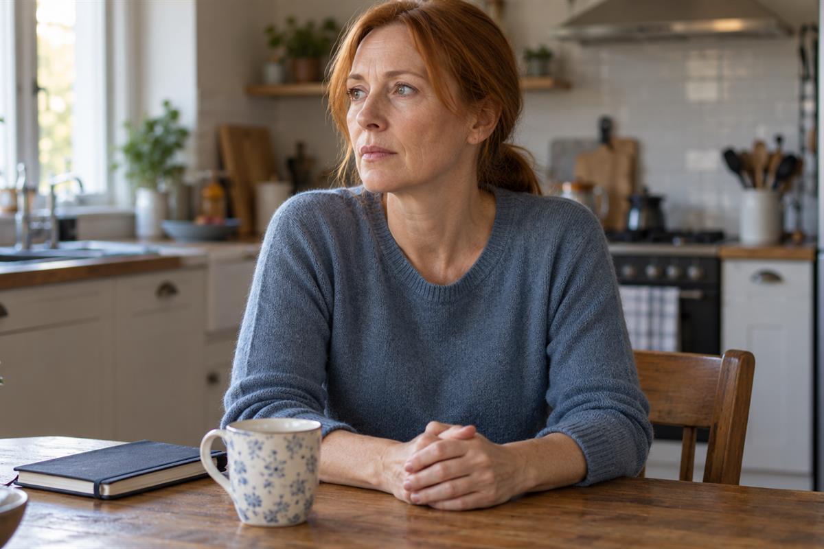 Donna seduta al tavolo della cucina con le mani intrecciate e lo sguardo rivolto fuori campo.