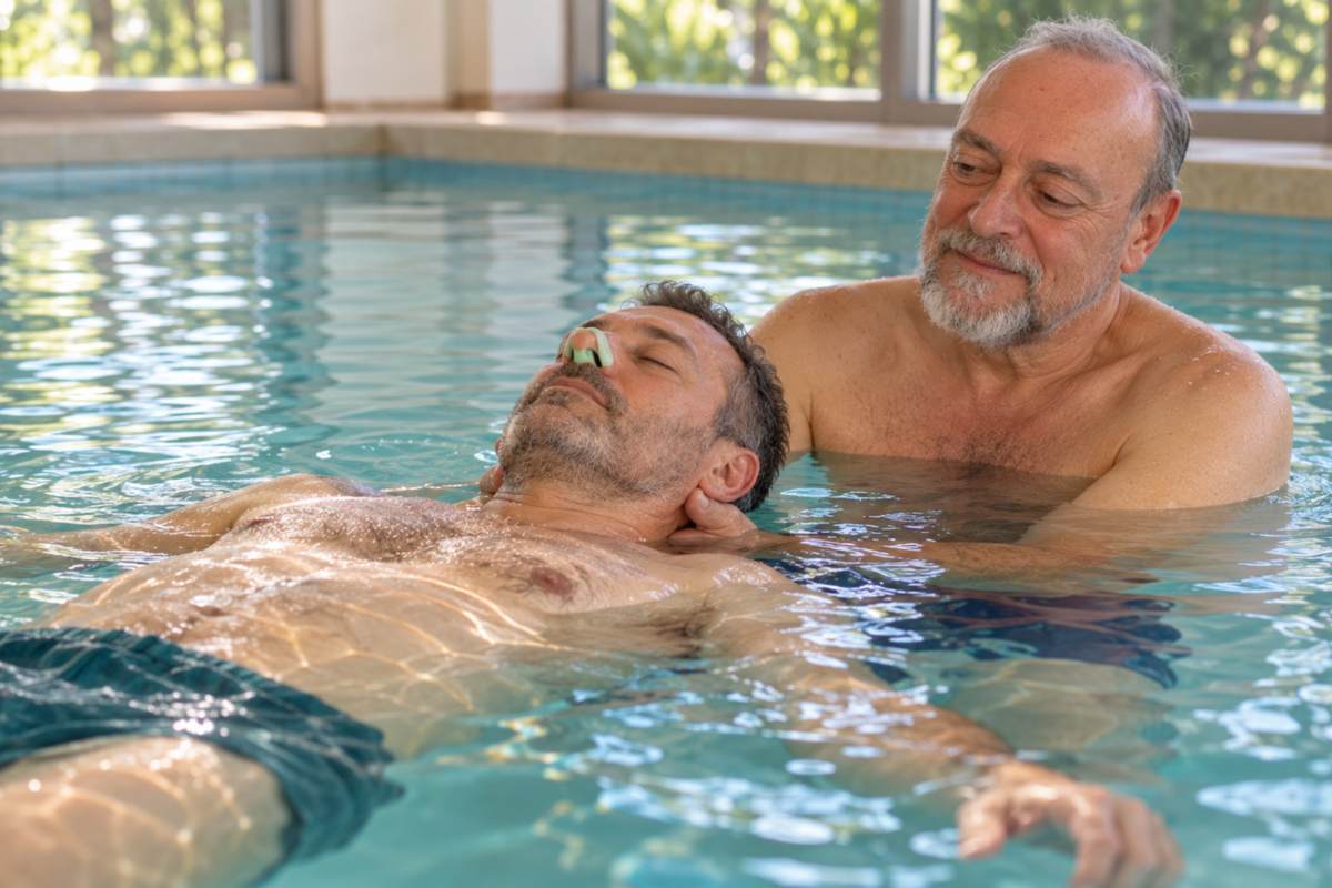 Paolo Cericola sostiene la nuca di un uomo che galleggia sulla schiena in piscina