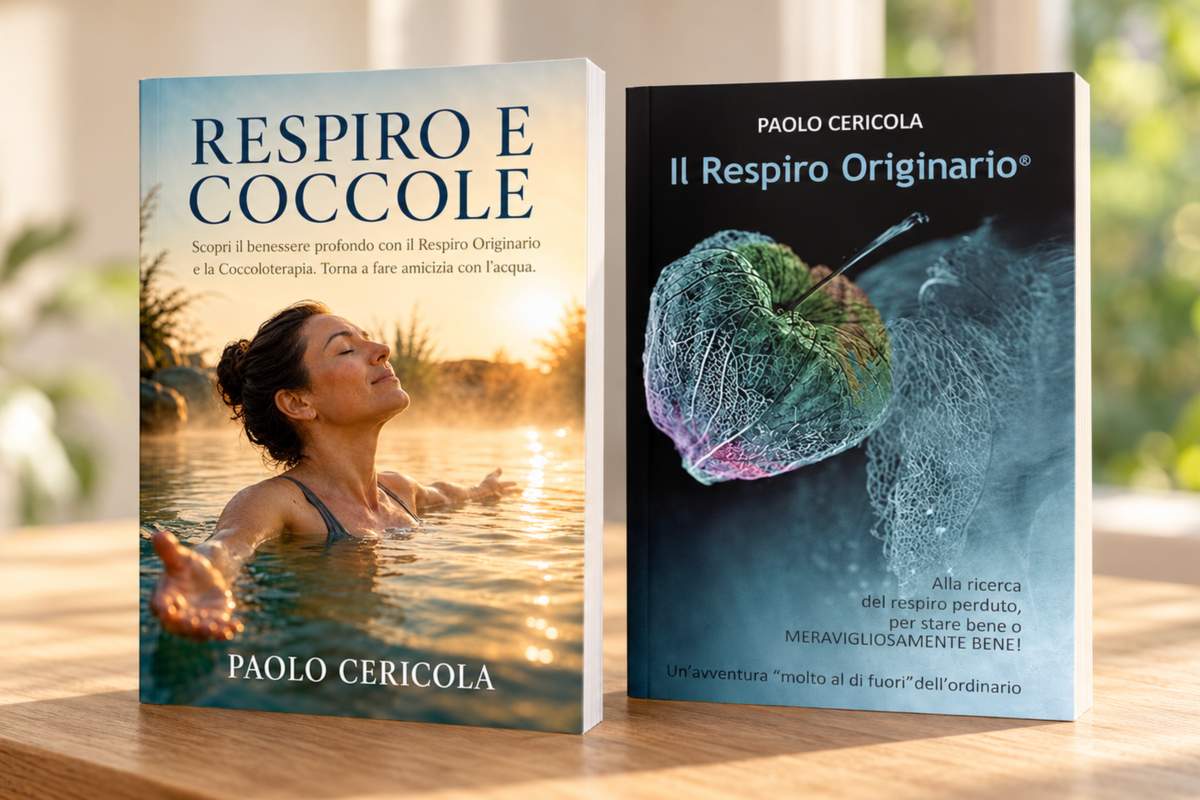 I libri di Paolo Cericola Respiro e Coccole e Il Respiro Originario su un tavolo di legno