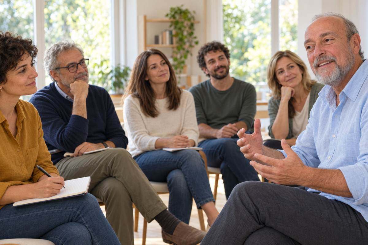 Scuola di Respiro® – Formazione con Paolo Cericola Paolo Cericola spiega il metodo a un gruppo di allievi seduti, alcuni con un quaderno per gli appunti