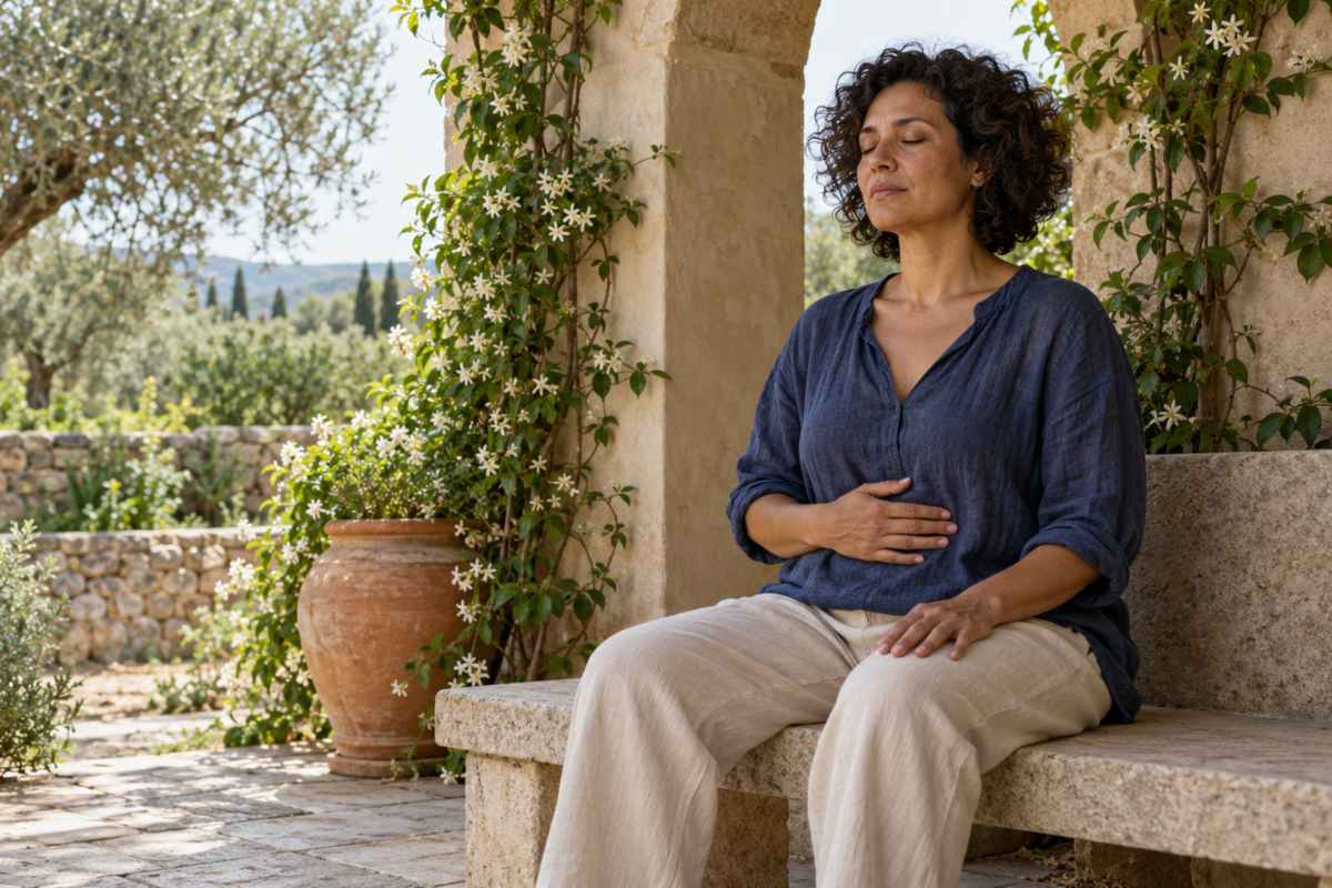 Donna seduta su una panca in giardino, con gli occhi chiusi e una mano appoggiata sull’addome