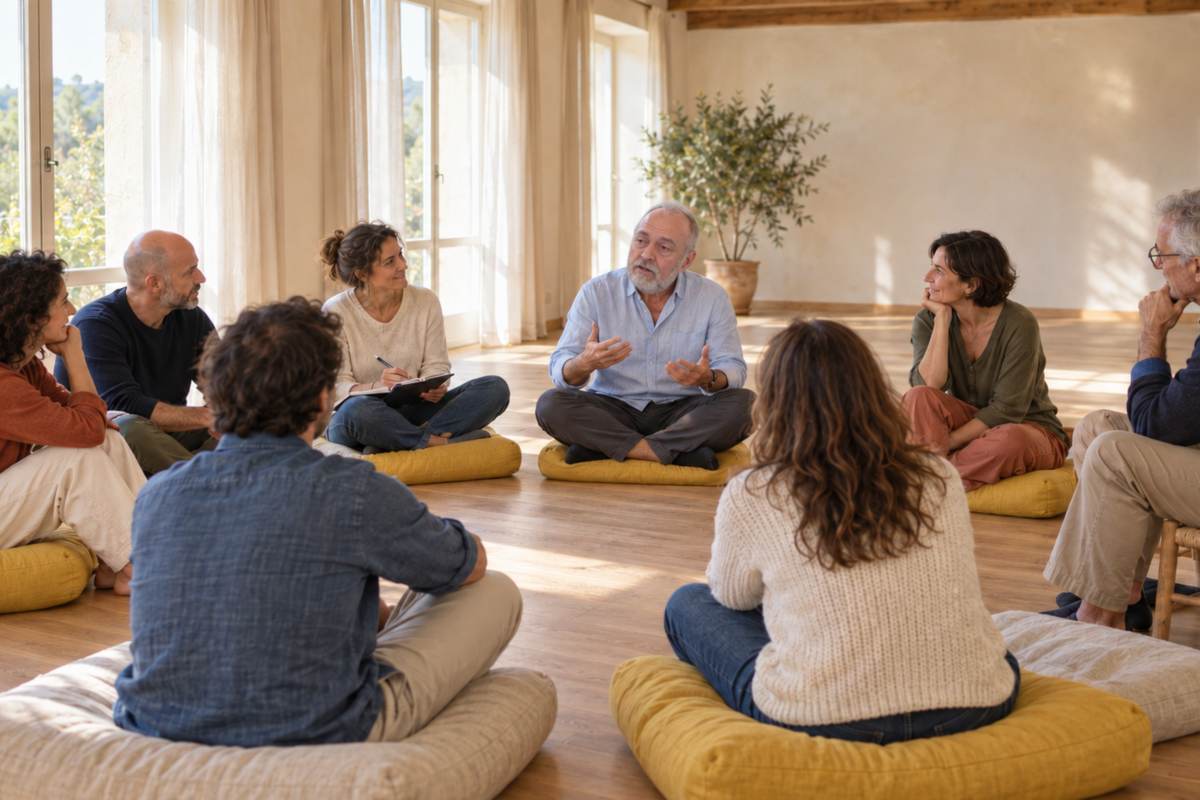 Incontri di gruppo, il cerchio di ascolto Paolo Cericola, seduto su un cuscino al centro di un cerchio di persone, parla al gruppo in una sala luminosa