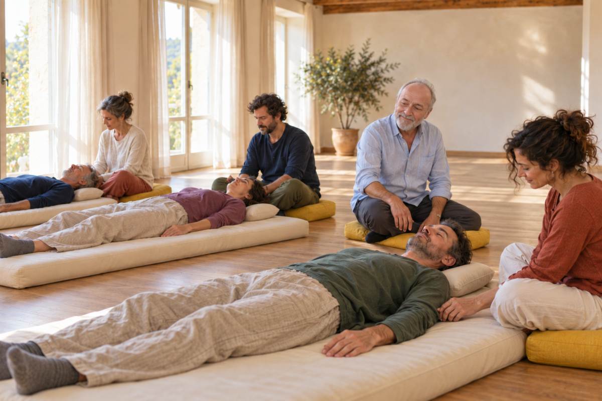 Incontri di gruppo, la pratica del respiro Persone distese sui materassini a occhi chiusi, assistite da compagni seduti accanto, mentre Paolo Cericola osserva la pratica del respiro