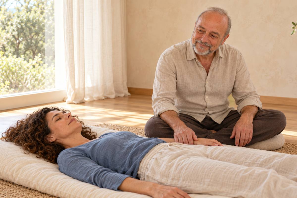 Respiro e Coccole, ascolto e contatto Paolo Cericola, seduto a gambe incrociate, appoggia una mano sul braccio di una donna distesa a occhi chiusi su un materassino